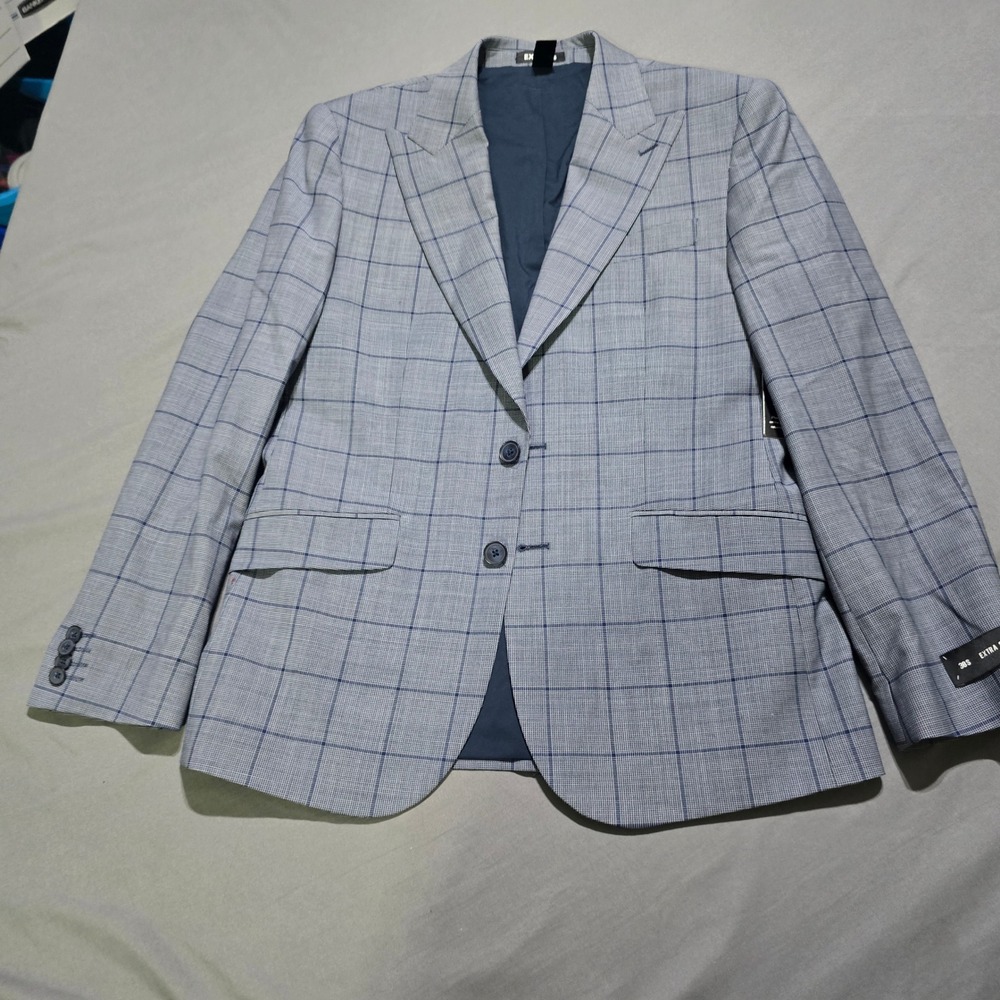 Express Suit Jacket Mens 38S Blue Glen Plaid Extra Slim Fit Wool Blend Blazer